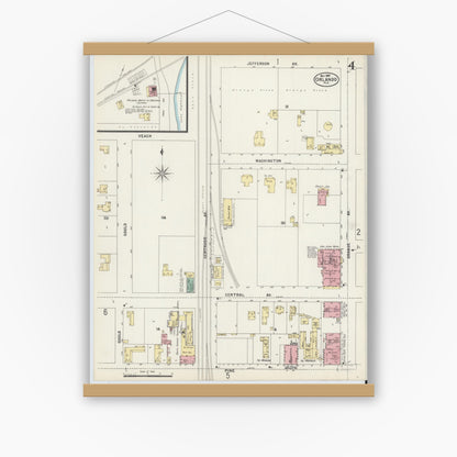 Old map wall art mockup — magnetic wood frame on white wall — Sanborn Fire Insurance Map from Orlando, Orange County, Florida (1897), Sheet #0004