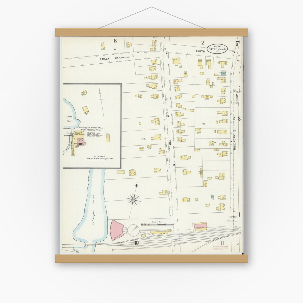 Old map wall art mockup — magnetic wood frame on white wall — Sanborn Fire Insurance Map from Patchogue, Suffolk County, New York (1897), Sheet #0007