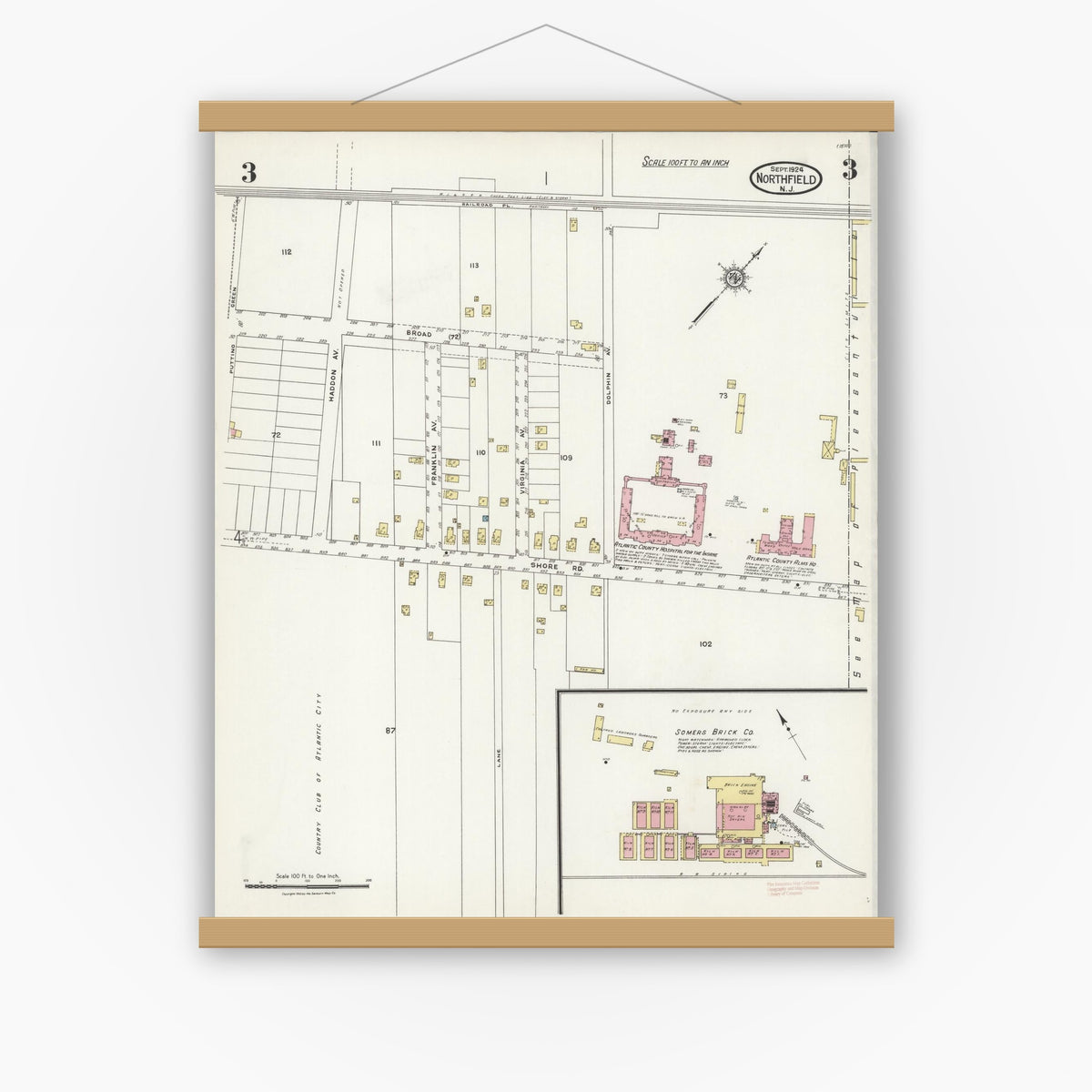 Old map wall art mockup — magnetic wood frame on white wall — Sanborn Fire Insurance Map from Northfield, Atlantic County, New Jersey (1924), Sheet #0003