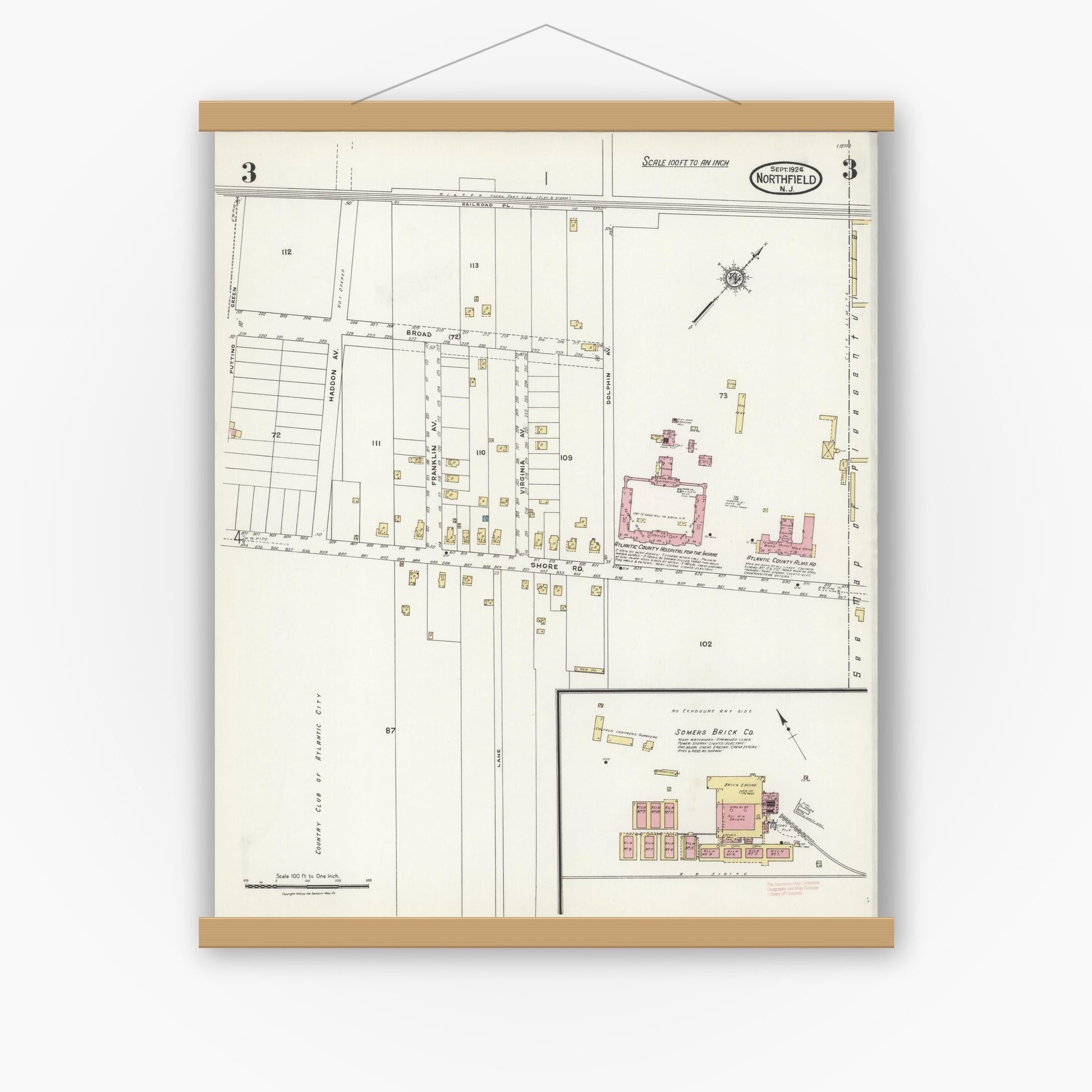 Old map wall art mockup — magnetic wood frame on white wall — Sanborn Fire Insurance Map from Northfield, Atlantic County, New Jersey (1924), Sheet #0003