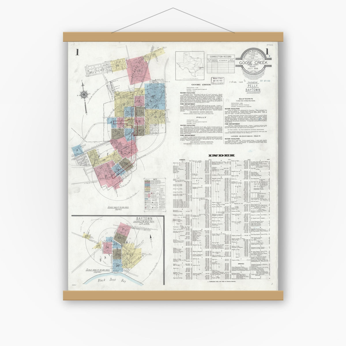 Old map wall art mockup — magnetic wood frame on white wall — Sanborn Fire Insurance Map from Goose Creek, Harris County, Texas (1939) - Complete Map Set