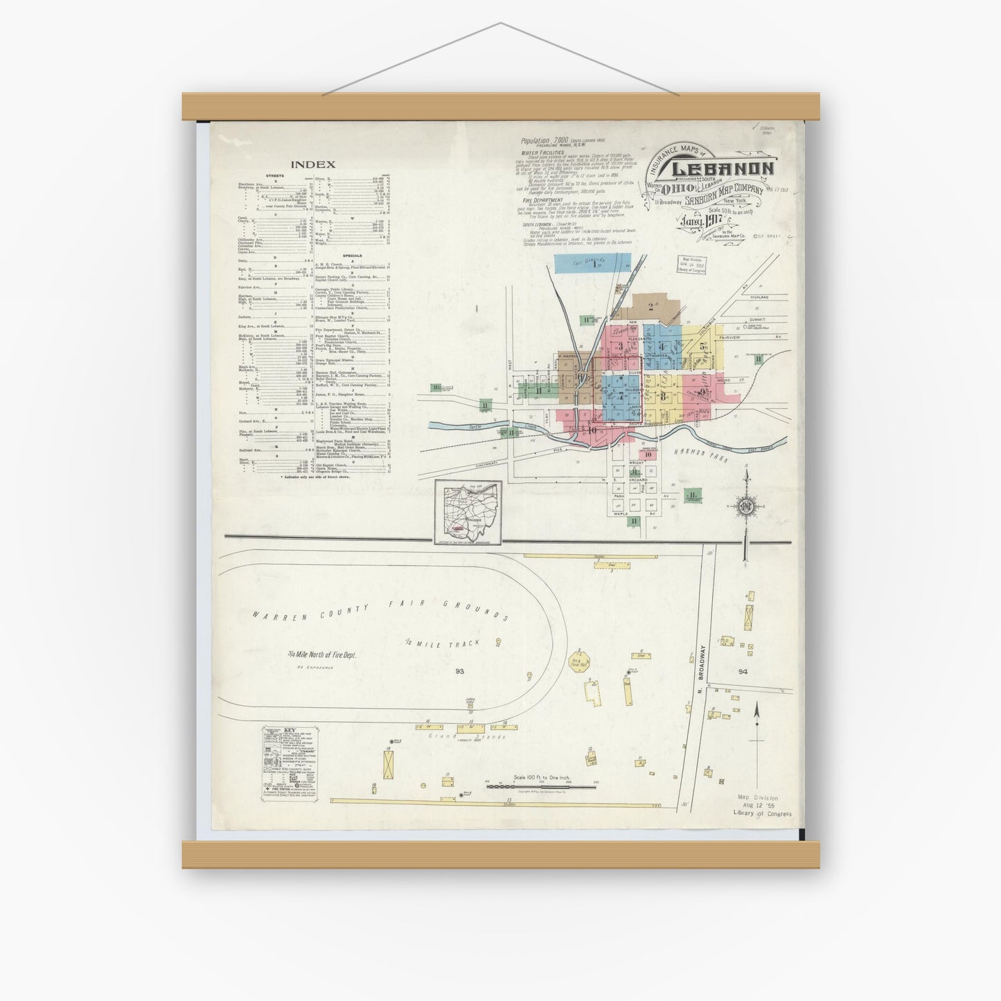 Old map wall art mockup — magnetic wood frame on white wall — Sanborn Fire Insurance Map from Lebanon, Warren County, Ohio (1917) - Complete Map Set