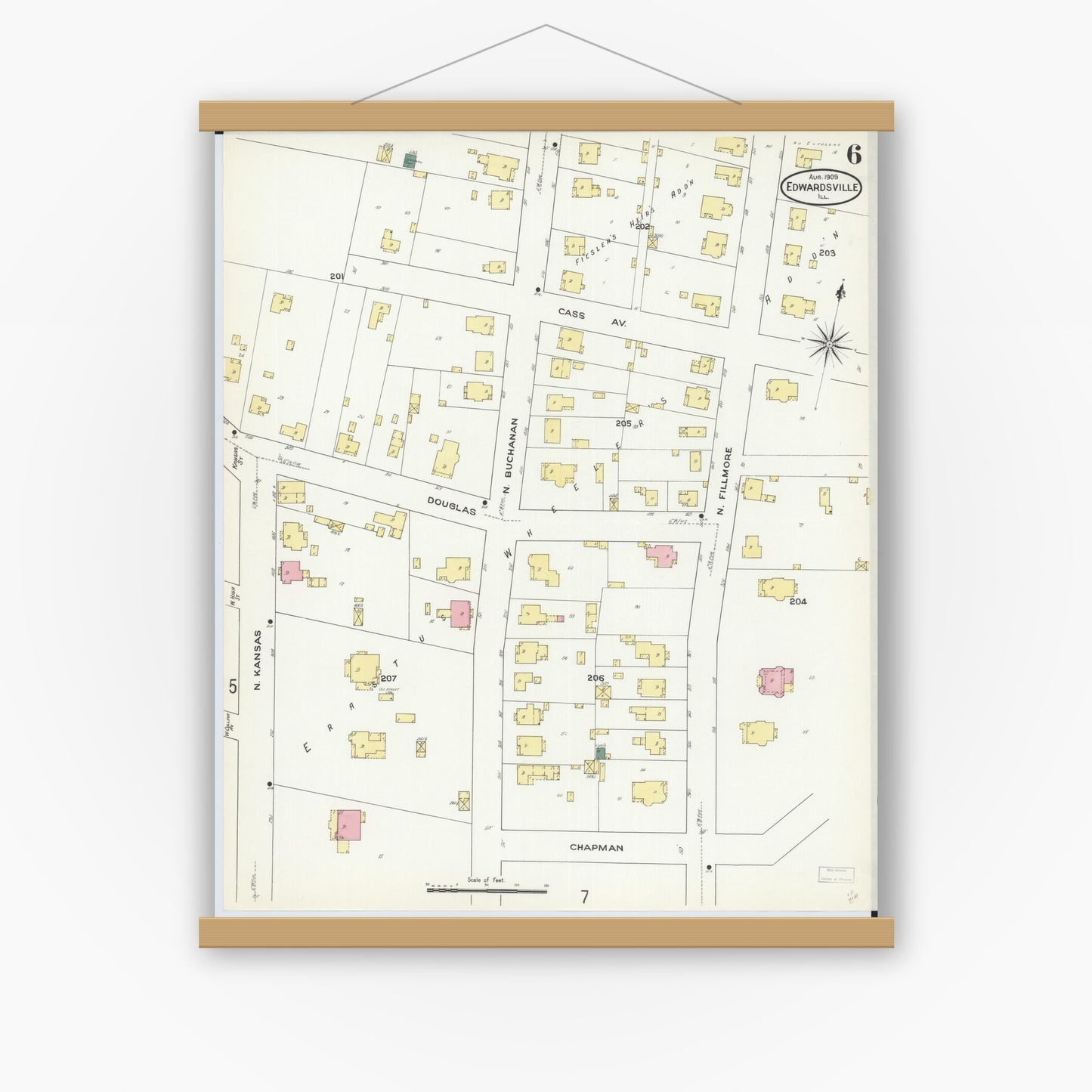 Old map wall art mockup — magnetic wood frame on white wall — Sanborn Fire Insurance Map from Edwardsville, Madison County, Illinois (1909), Sheet #0006