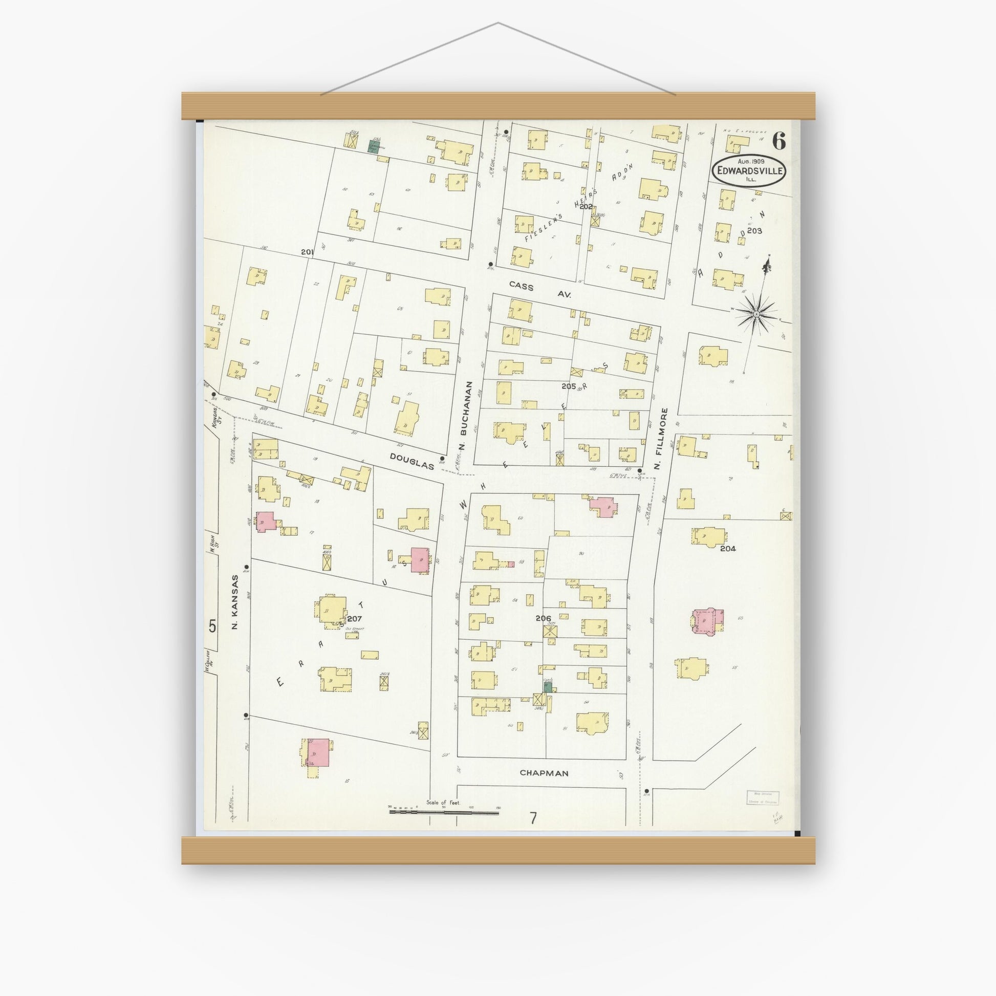 Old map wall art mockup — magnetic wood frame on white wall — Sanborn Fire Insurance Map from Edwardsville, Madison County, Illinois (1909), Sheet #0006