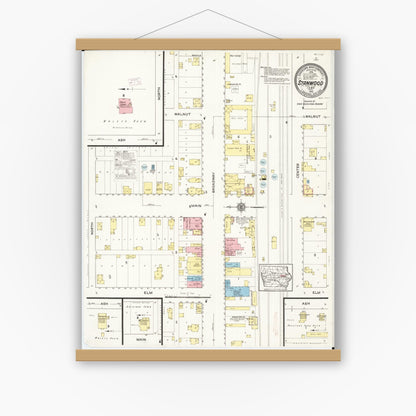 Old map wall art mockup — magnetic wood frame on white wall — Sanborn Fire Insurance Map from Stanwood, Cedar County, Iowa (1915), Sheet #0001