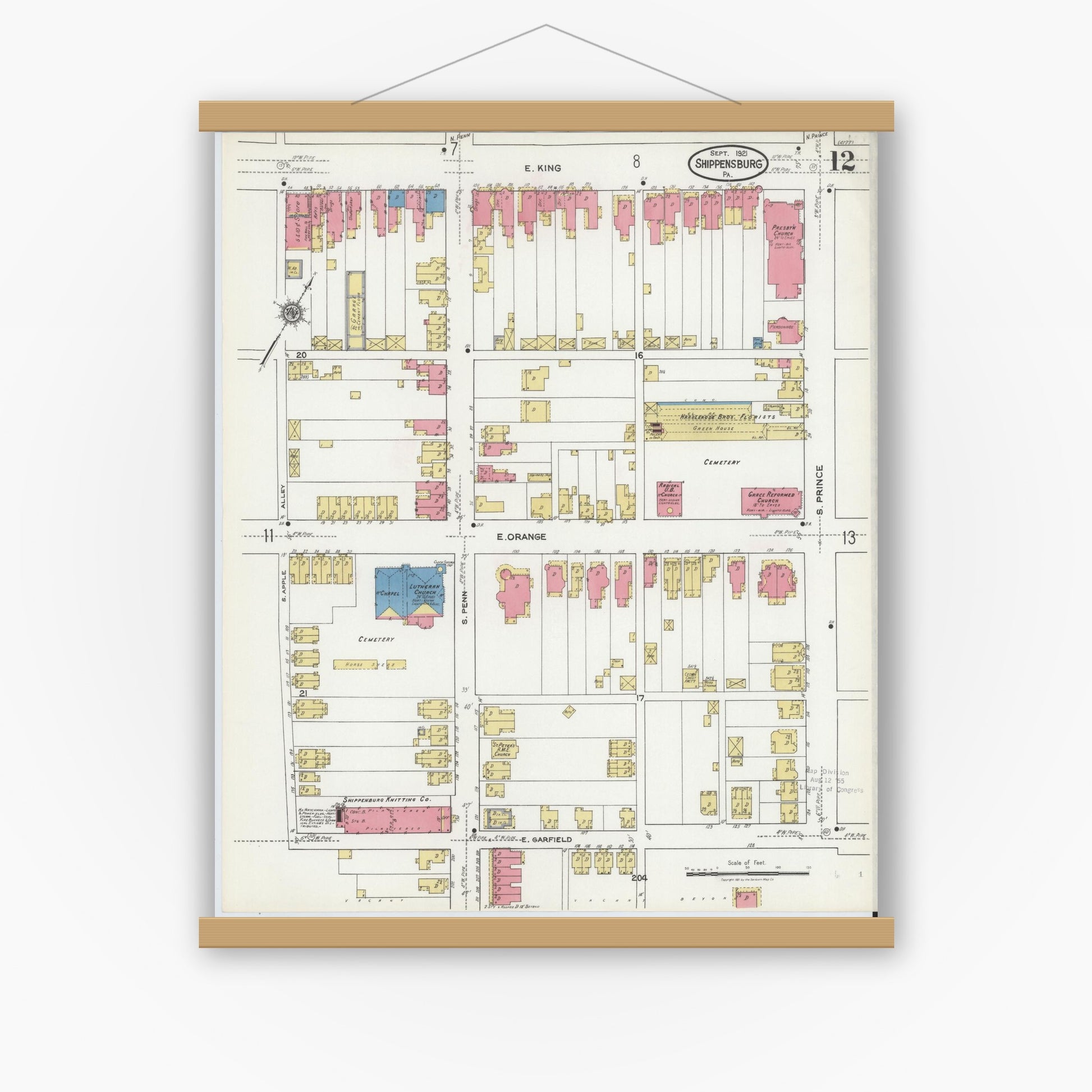 Old map wall art mockup — magnetic wood frame on white wall — Sanborn Fire Insurance Map from Shippensburg, Cumberland And Franklin Counties, Pennsylvania (1921), Sheet #0012
