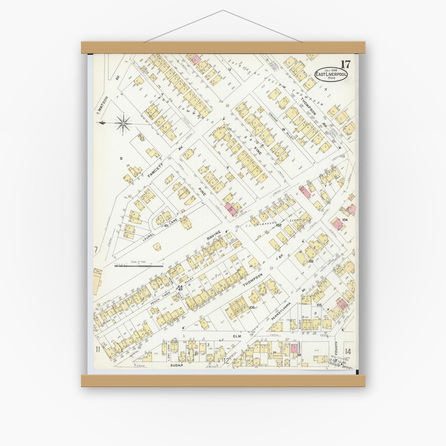 Old map wall art mockup — magnetic wood frame on white wall — Sanborn Fire Insurance Map from East Liverpool, Columbiana County, Ohio (1908), Sheet #0017