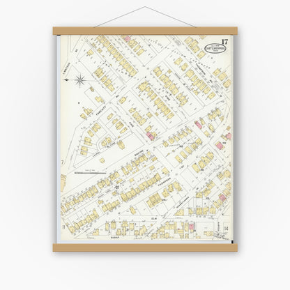 Old map wall art mockup — magnetic wood frame on white wall — Sanborn Fire Insurance Map from East Liverpool, Columbiana County, Ohio (1908), Sheet #0017