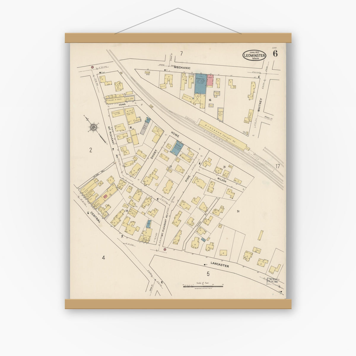 Old map wall art mockup — magnetic wood frame on white wall — Sanborn Fire Insurance Map from Leominster, Worcester County, Massachusetts (1922), Sheet #0006