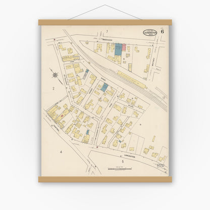 Old map wall art mockup — magnetic wood frame on white wall — Sanborn Fire Insurance Map from Leominster, Worcester County, Massachusetts (1922), Sheet #0006