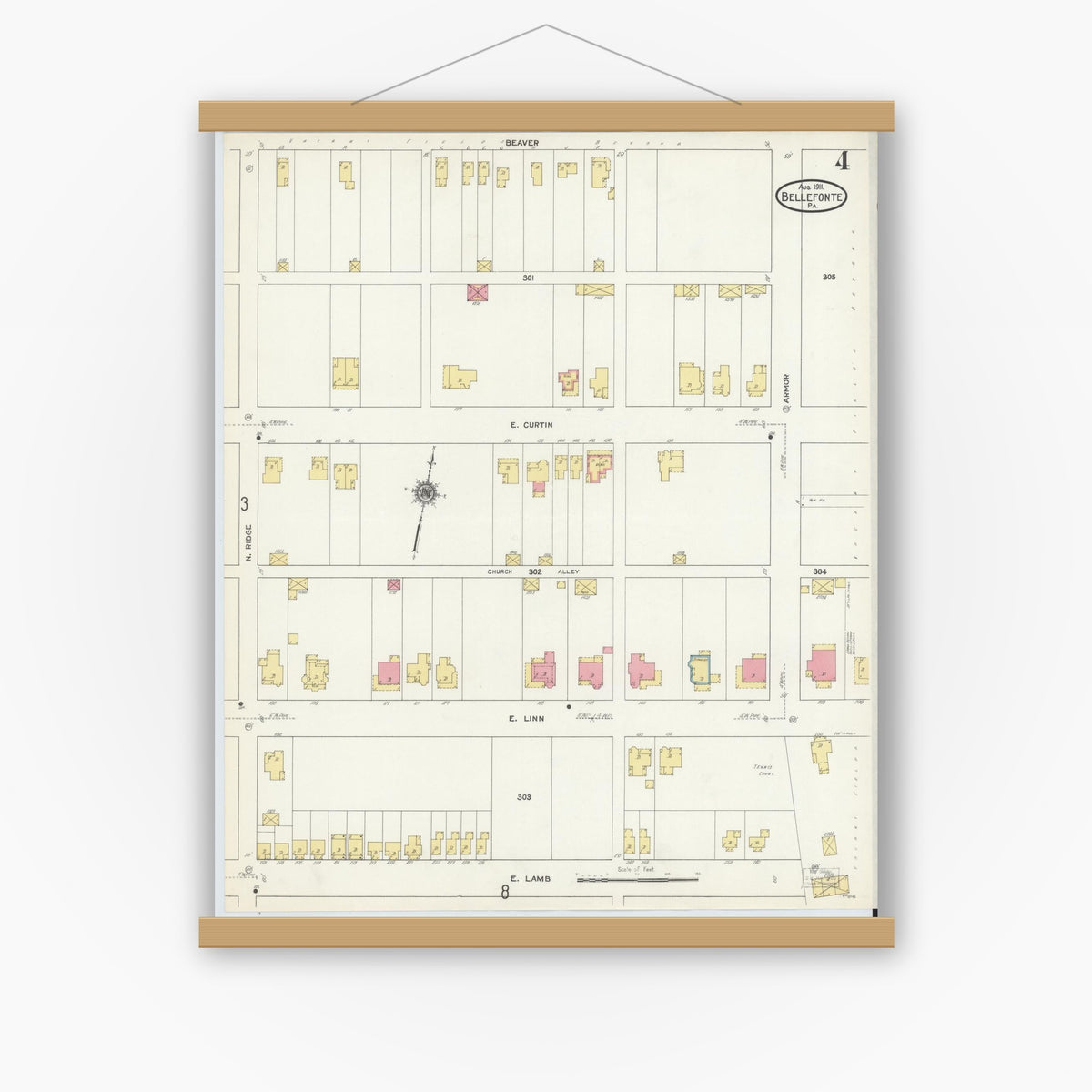 Old map wall art mockup — magnetic wood frame on white wall — Sanborn Fire Insurance Map from Bellefonte, Centre County, Pennsylvania (1911), Sheet #0004