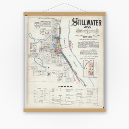 Old map wall art mockup — magnetic wood frame on white wall — Sanborn Fire Insurance Map from Stillwater, Washington County, Minnesota (1884), Sheet #0001