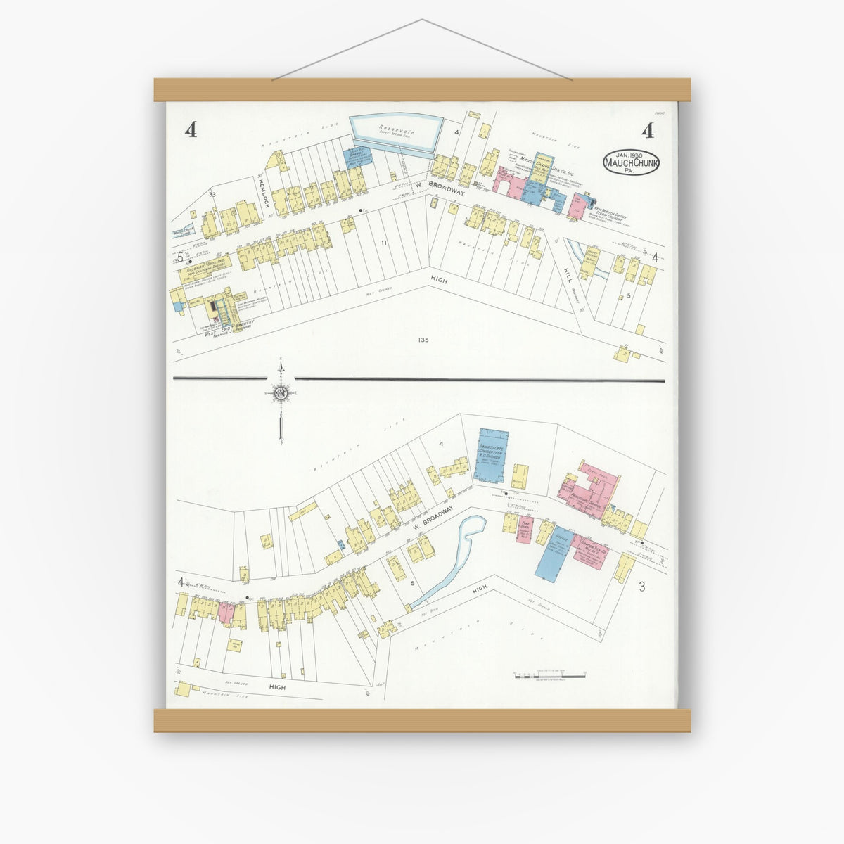 Old map wall art mockup — magnetic wood frame on white wall — Sanborn Fire Insurance Map from Mauch Chunk, Carbon County, Pennsylvania (1930), Sheet #0004