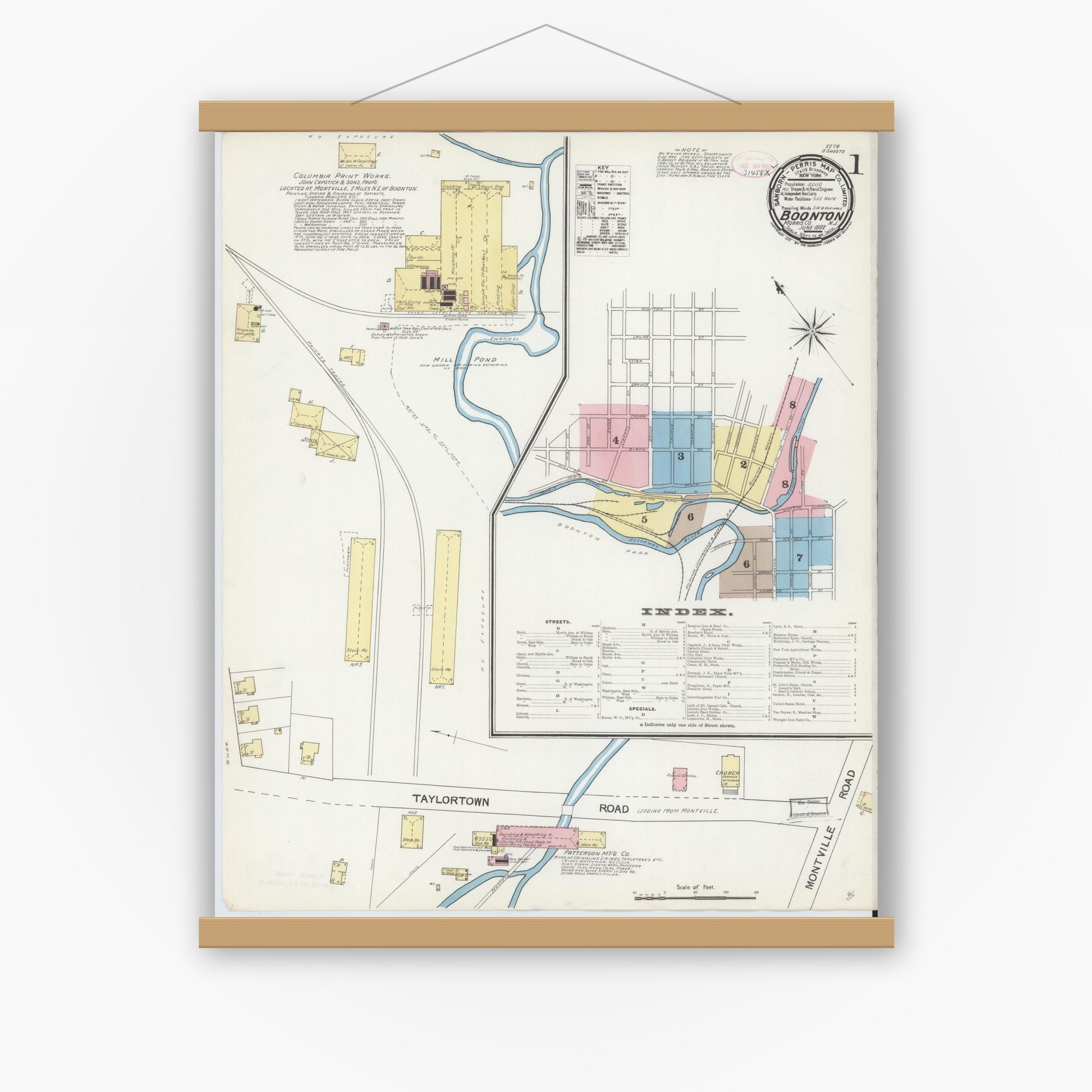 Old map wall art mockup — magnetic wood frame on white wall — Sanborn Fire Insurance Map from Boonton, Morris County, New Jersey (1892) - Complete Map Set