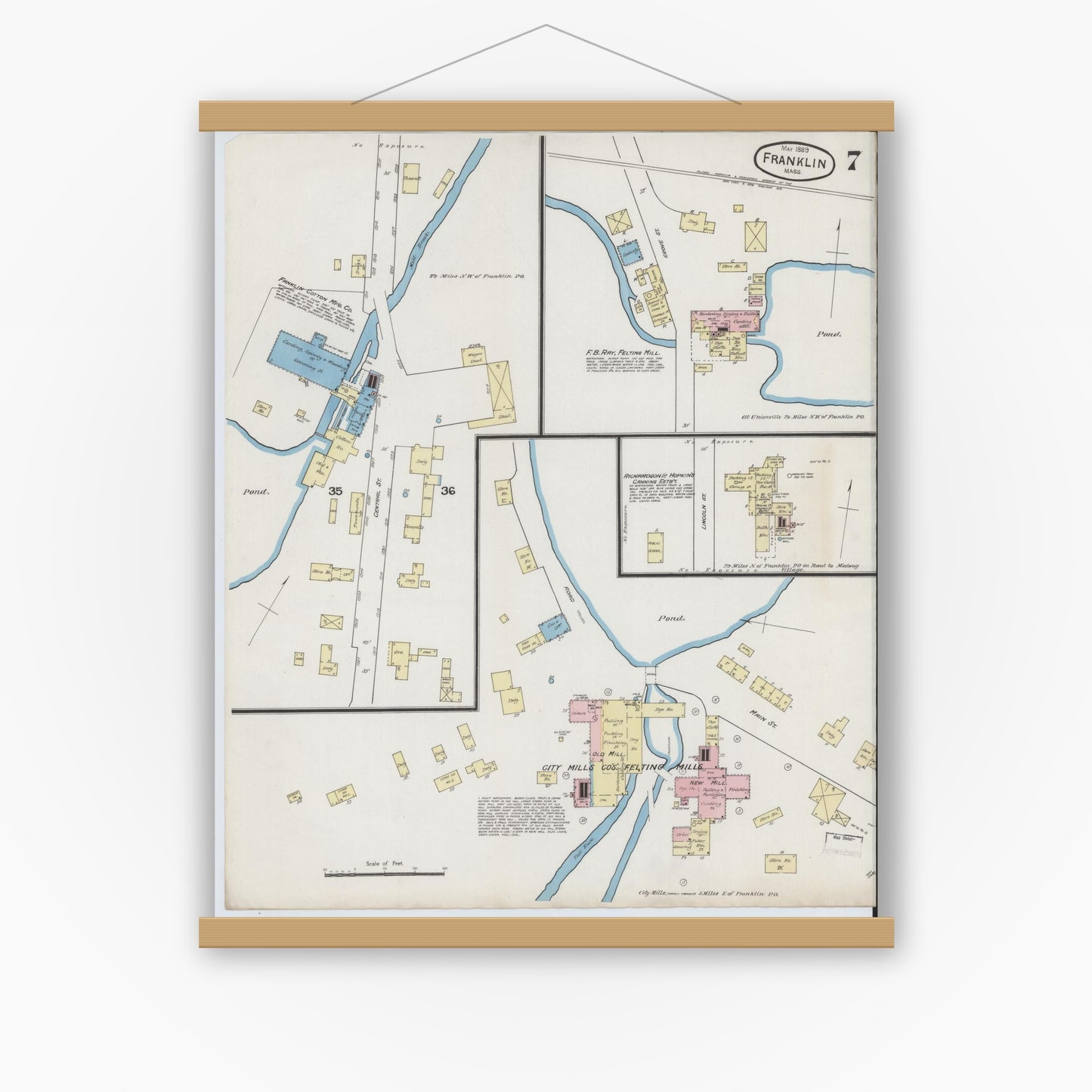 Old map wall art mockup — magnetic wood frame on white wall — Sanborn Fire Insurance Map from Franklin, Norfolk County, Massachusetts (1889), Sheet #0007