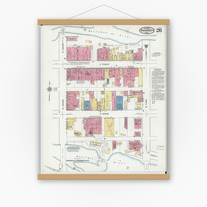 Old map wall art mockup — magnetic wood frame on white wall — Sanborn Fire Insurance Map from Traverse City, Grand Traverse County, Michigan (1920), Sheet #0026