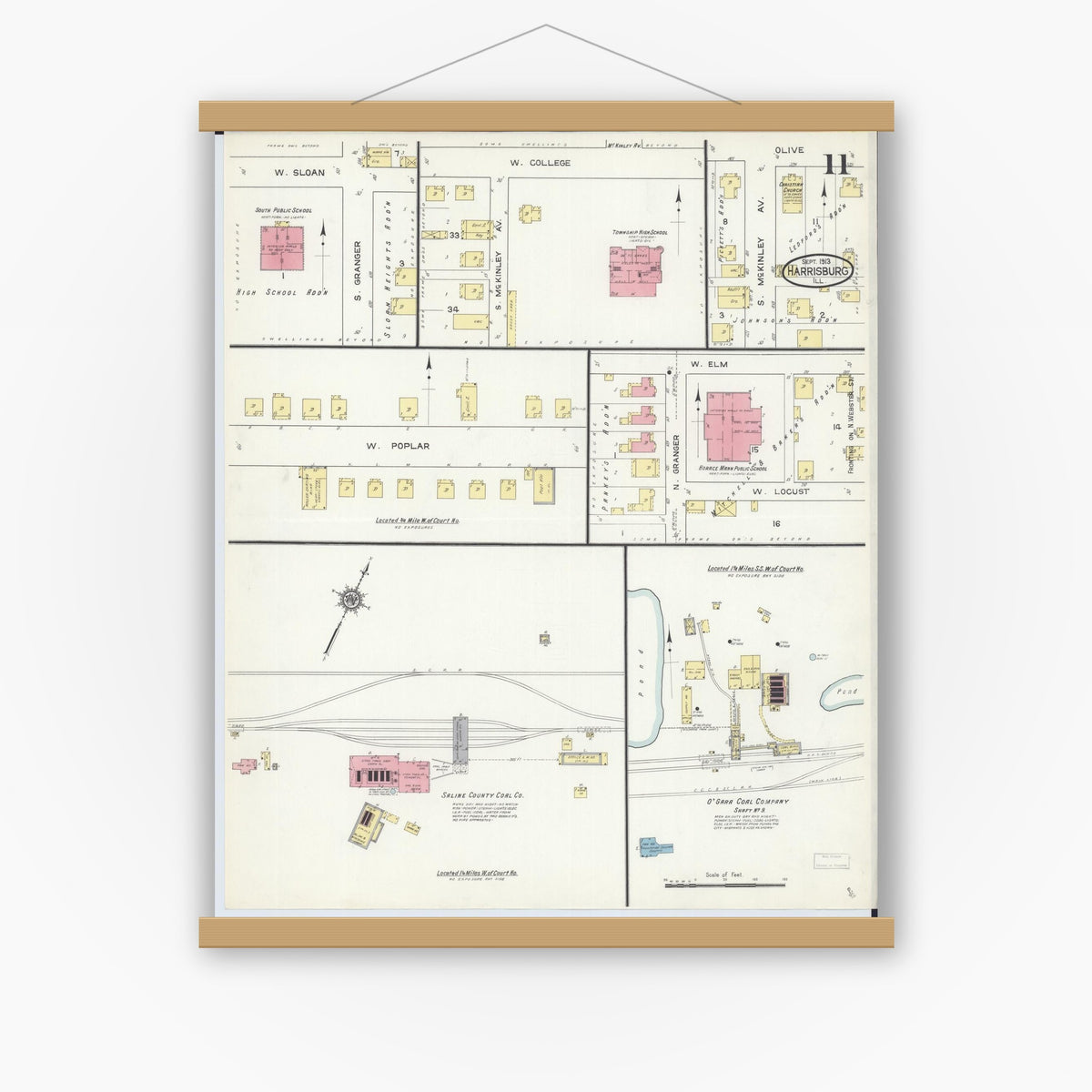 Old map wall art mockup — magnetic wood frame on white wall — Sanborn Fire Insurance Map from Harrisburg, Saline County, Illinois (1913), Sheet #0011