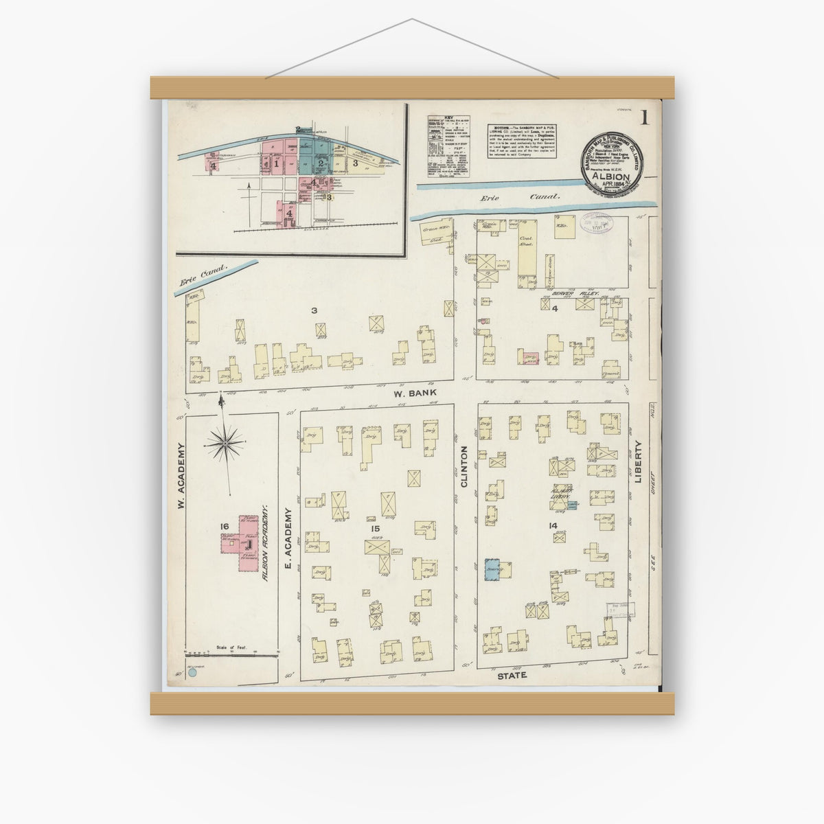 Old map wall art mockup — magnetic wood frame on white wall — Sanborn Fire Insurance Map from Albion, Orleans County, New York (1884) - Complete Map Set