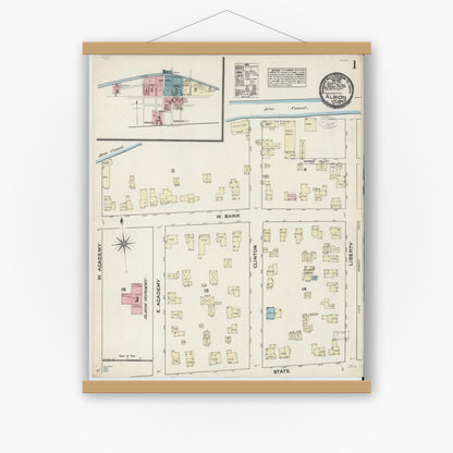 Old map wall art mockup — magnetic wood frame on white wall — Sanborn Fire Insurance Map from Albion, Orleans County, New York (1884) - Complete Map Set
