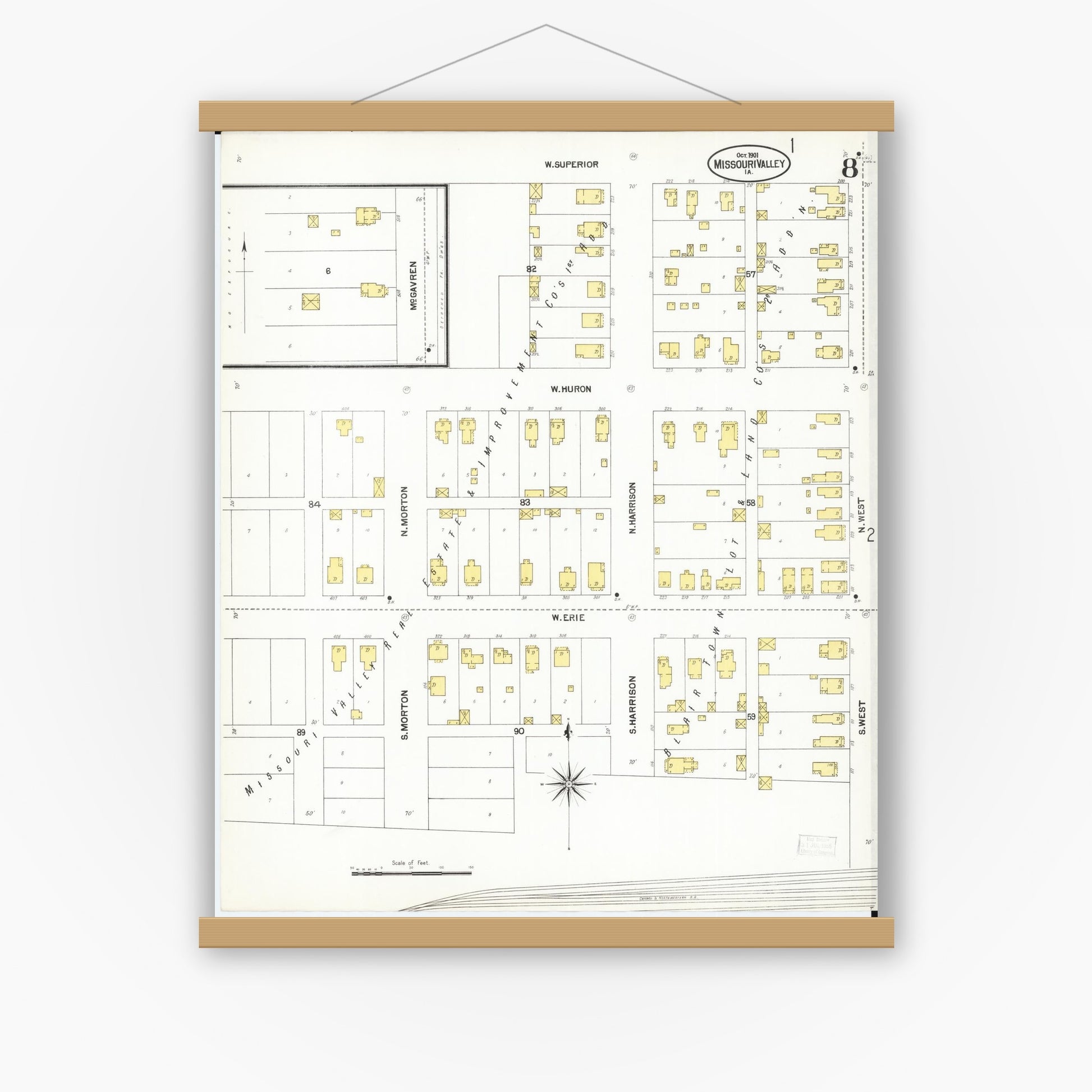 Old map wall art mockup — magnetic wood frame on white wall — Sanborn Fire Insurance Map from Missouri Valley, Harrison County, Iowa (1901), Sheet #0008