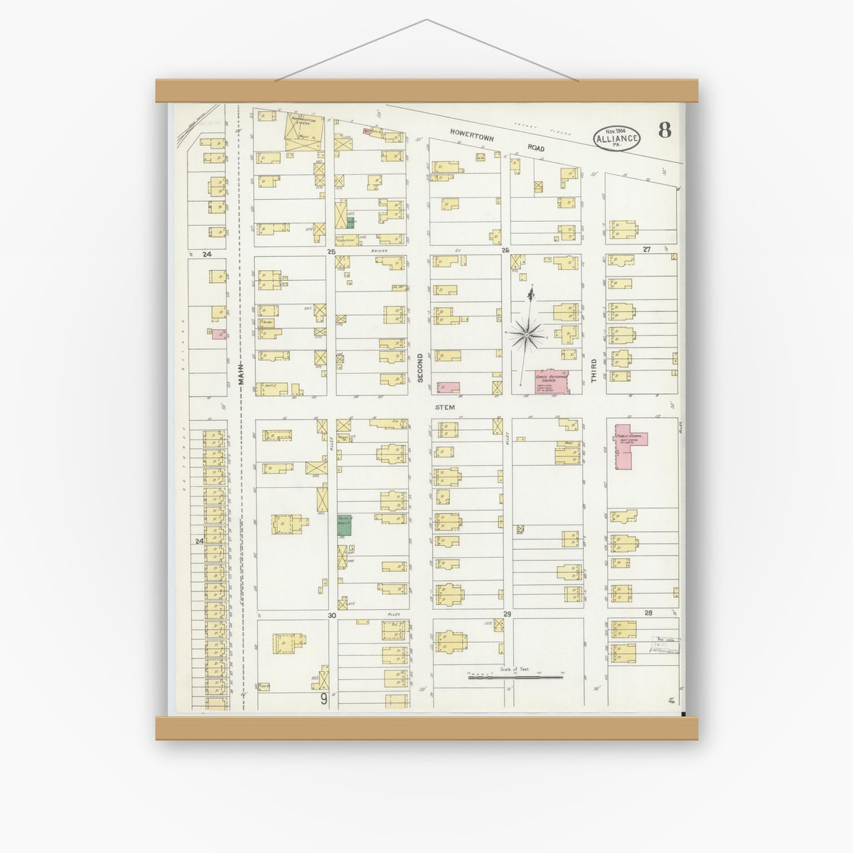 Old map wall art mockup — magnetic wood frame on white wall — Sanborn Fire Insurance Map from Alliance, Northampton County, Pennsylvania (1904), Sheet #0008