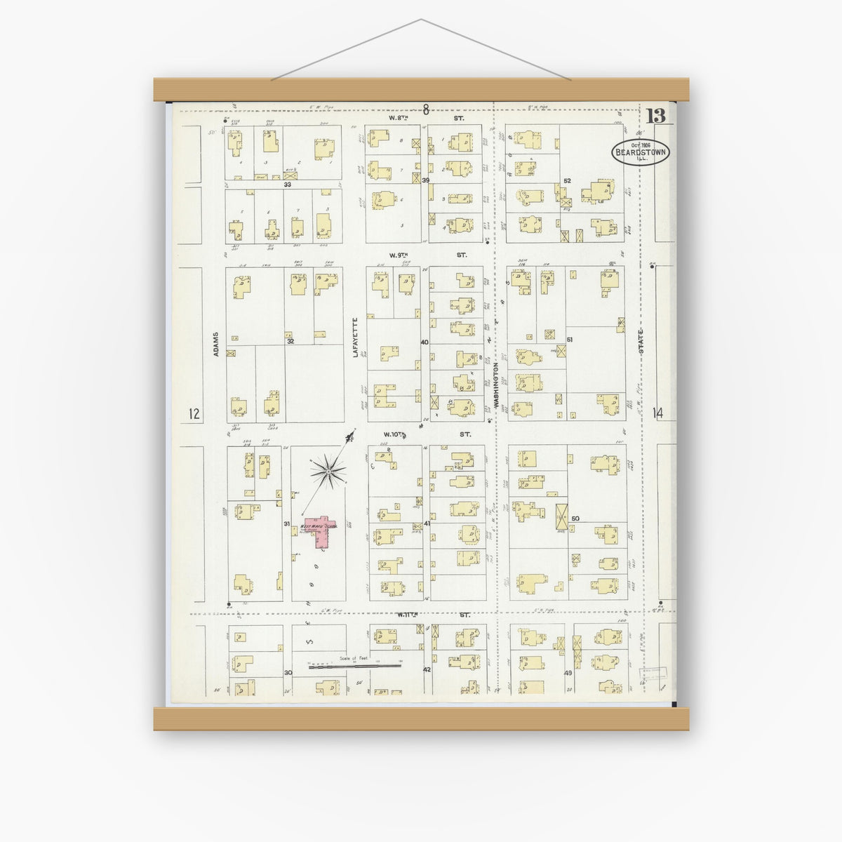 Old map wall art mockup — magnetic wood frame on white wall — Sanborn Fire Insurance Map from Beardstown, Cass County, Illinois (1906), Sheet #0013