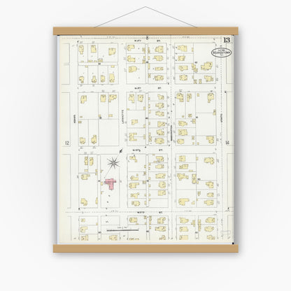 Old map wall art mockup — magnetic wood frame on white wall — Sanborn Fire Insurance Map from Beardstown, Cass County, Illinois (1906), Sheet #0013