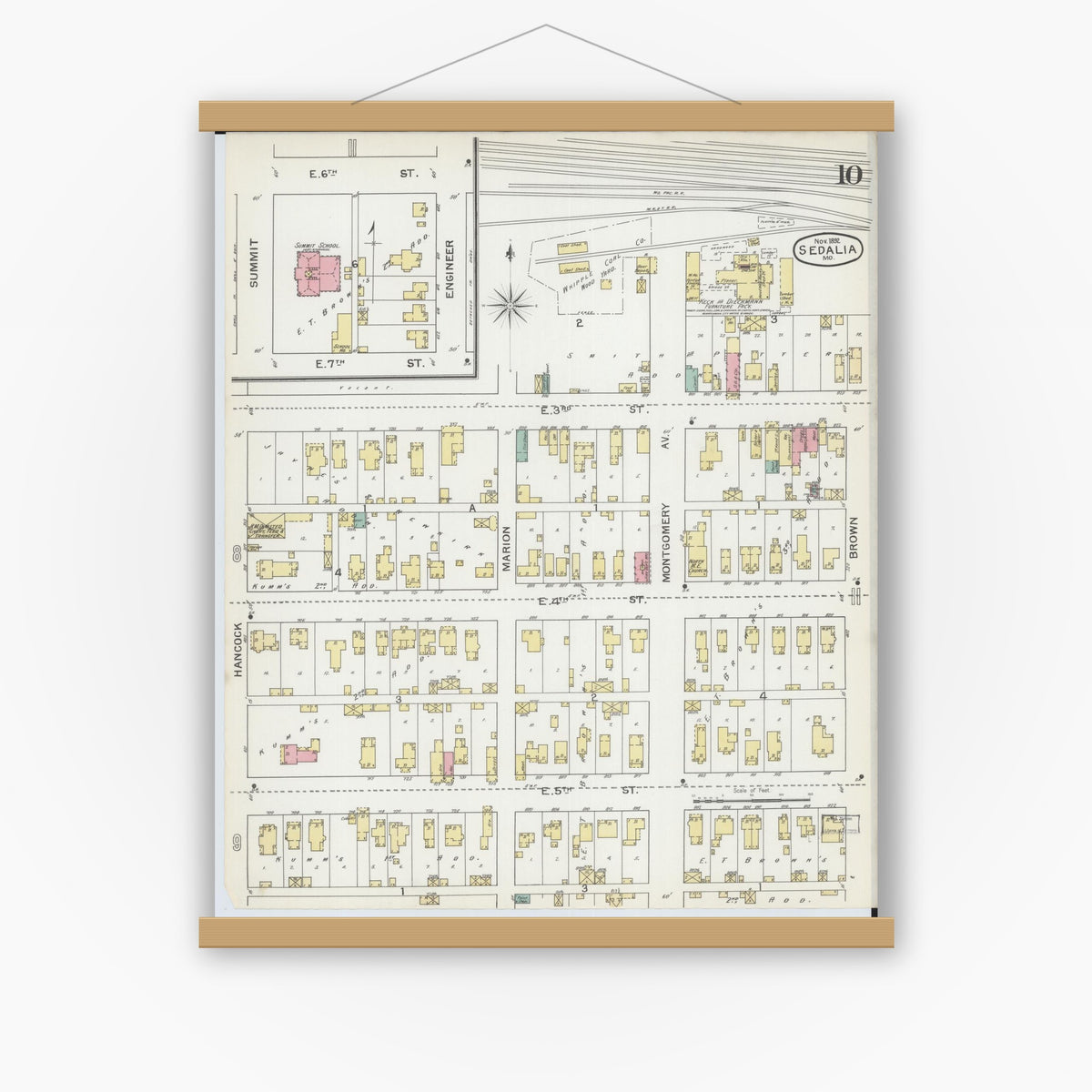 Old map wall art mockup — magnetic wood frame on white wall — Sanborn Fire Insurance Map from Sedalia, Pettis County, Missouri (1892), Sheet #0010