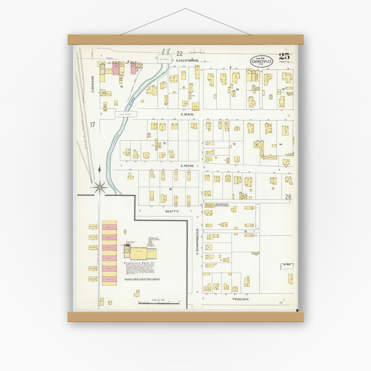 Old map wall art mockup — magnetic wood frame on white wall — Sanborn Fire Insurance Map from Gainesville, Cooke County, Texas (1908), Sheet #0025