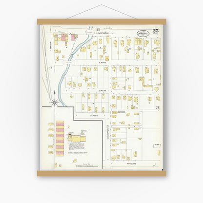 Old map wall art mockup — magnetic wood frame on white wall — Sanborn Fire Insurance Map from Gainesville, Cooke County, Texas (1908), Sheet #0025