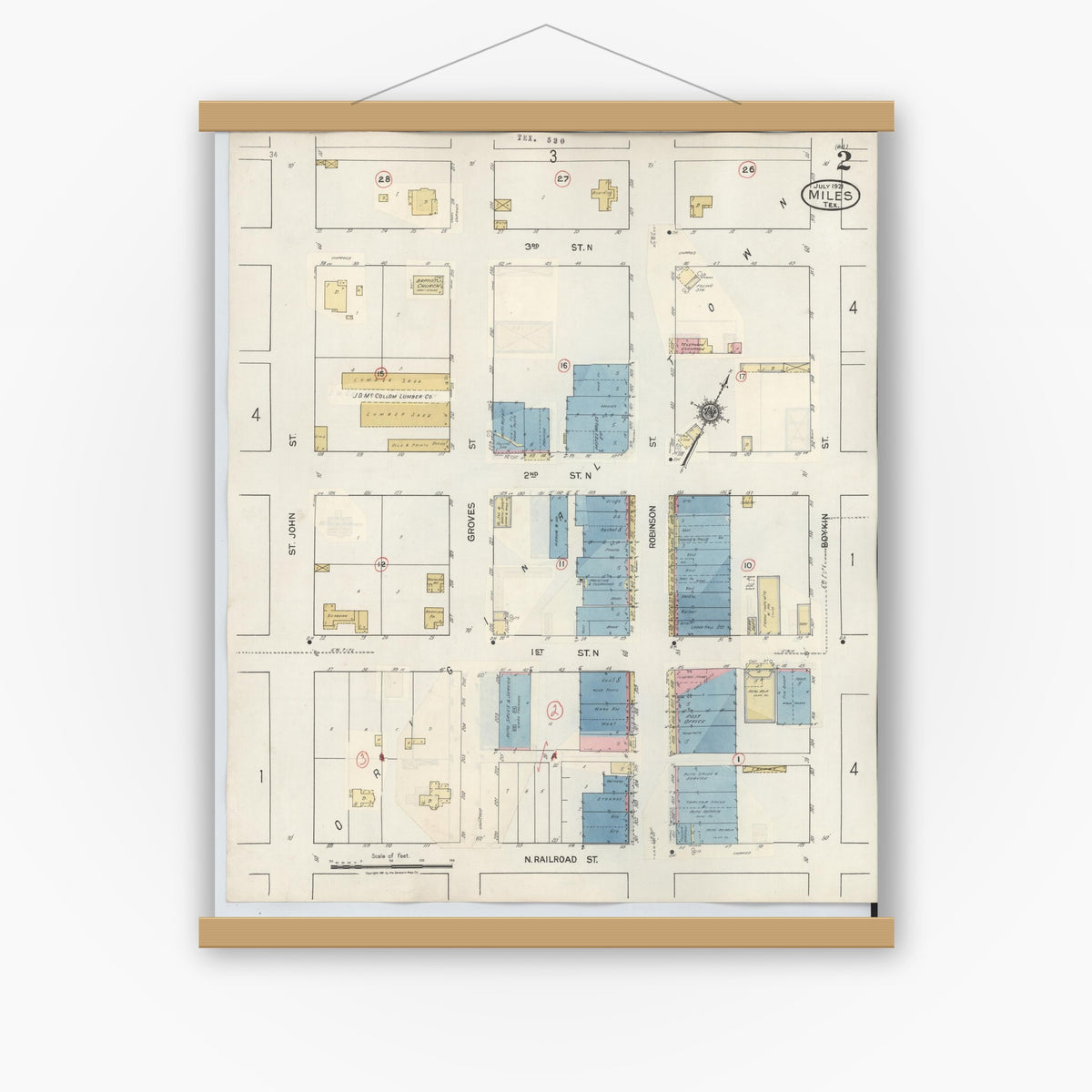 Old map wall art mockup — magnetic wood frame on white wall — Sanborn Fire Insurance Map from Miles, Runnels County, Texas (1936), Sheet #0002