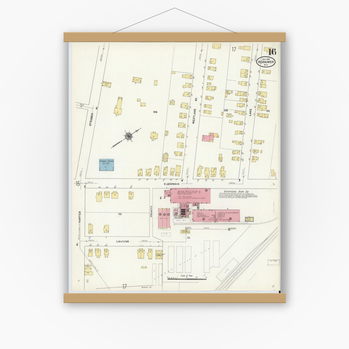 Old map wall art mockup — magnetic wood frame on white wall — Sanborn Fire Insurance Map from Herkimer, Herkimer County, New York (1911), Sheet #0016