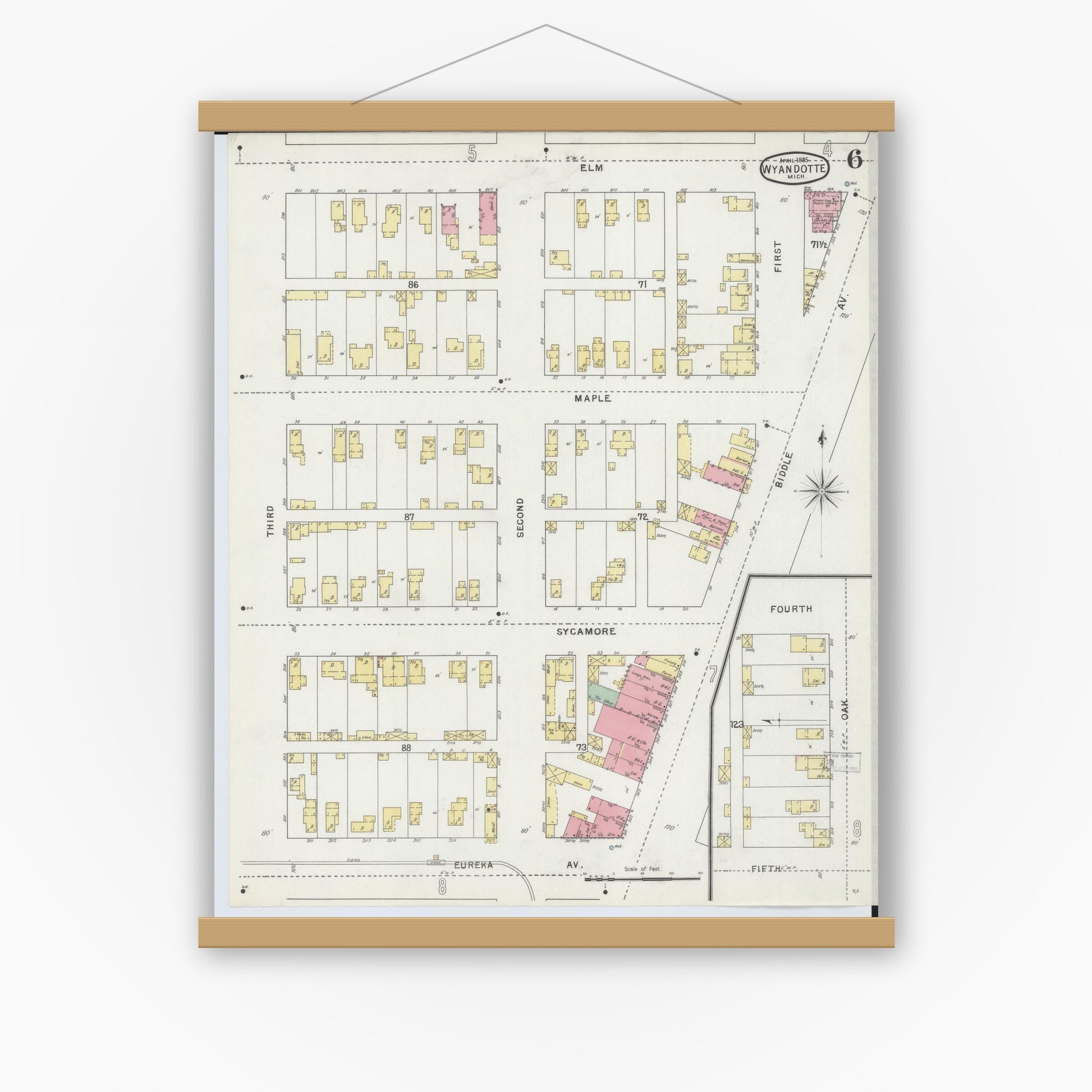 Old map wall art mockup — magnetic wood frame on white wall — Sanborn Fire Insurance Map from Wyandotte, Wayne County, Michigan (1895), Sheet #0006