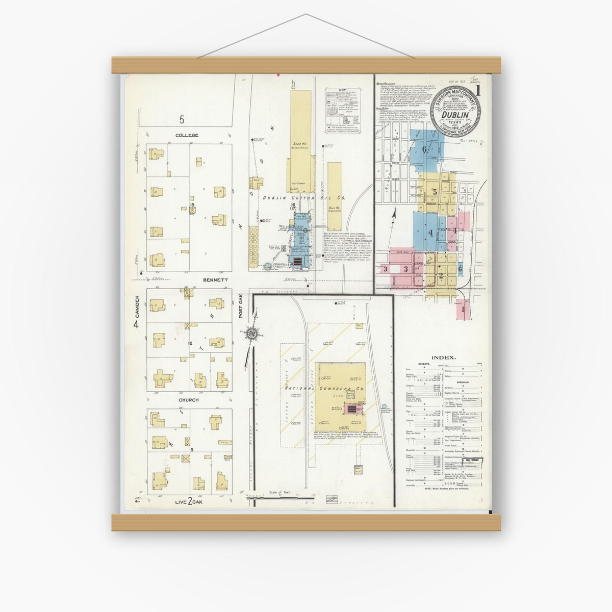 Old map wall art mockup — magnetic wood frame on white wall — Sanborn Fire Insurance Map from Dublin, Erath County, Texas (1912), Sheet #0001