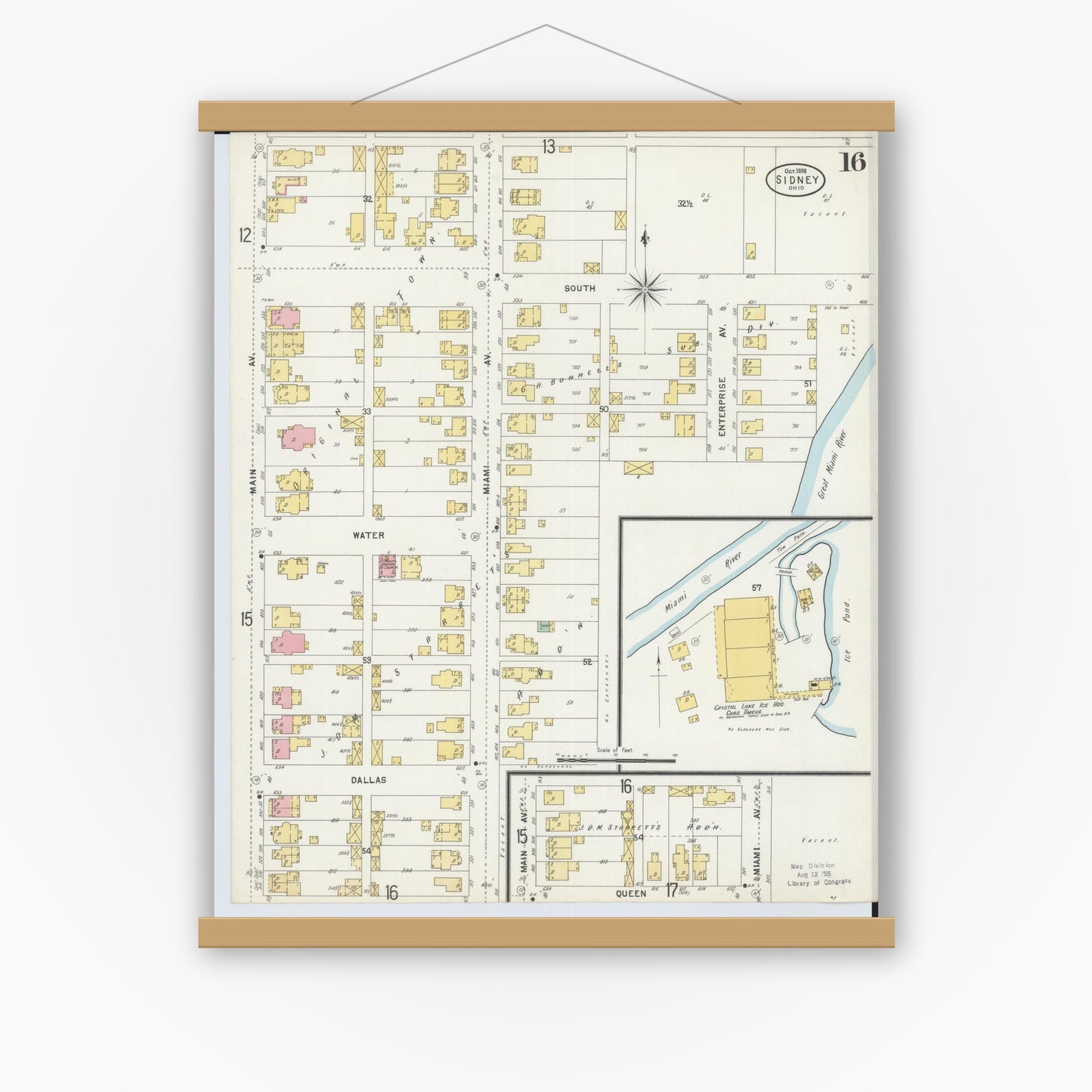 Old map wall art mockup — magnetic wood frame on white wall — Sanborn Fire Insurance Map from Sidney, Shelby County, Ohio (1898), Sheet #0016