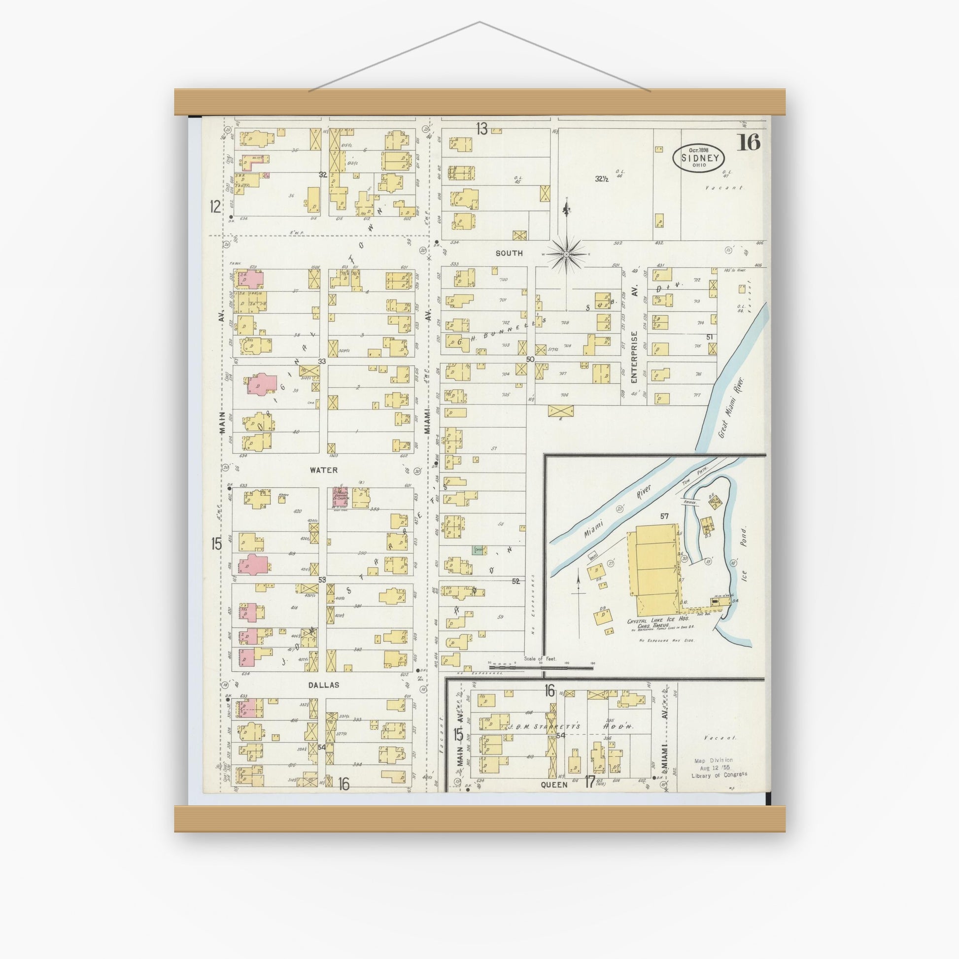 Old map wall art mockup — magnetic wood frame on white wall — Sanborn Fire Insurance Map from Sidney, Shelby County, Ohio (1898), Sheet #0016