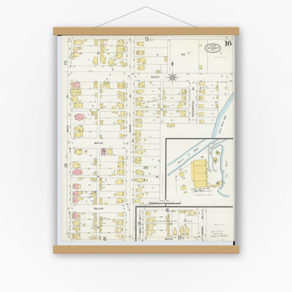 Old map wall art mockup — magnetic wood frame on white wall — Sanborn Fire Insurance Map from Sidney, Shelby County, Ohio (1898), Sheet #0016