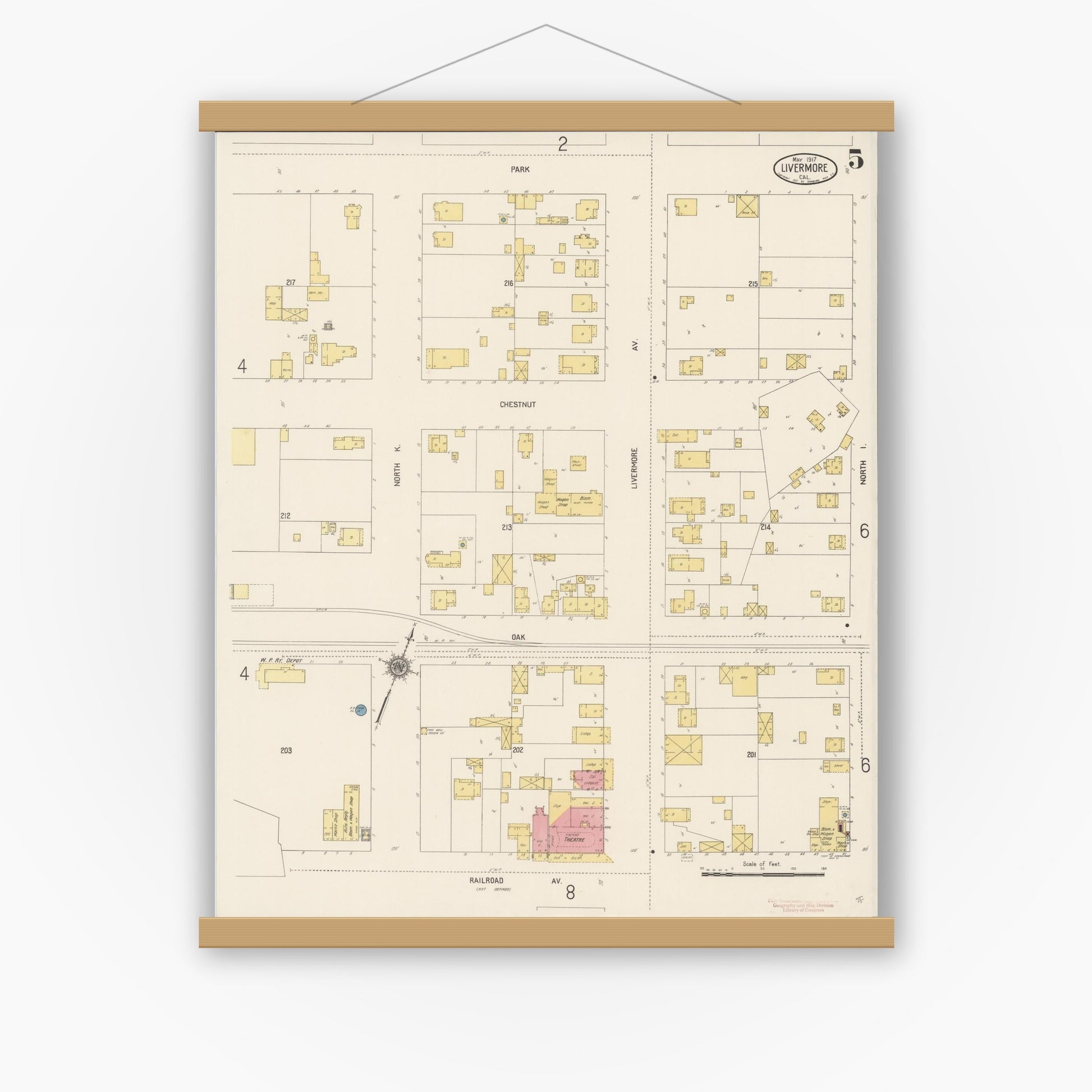Old map wall art mockup — magnetic wood frame on white wall — Sanborn Fire Insurance Map from Livermore, Alameda County, California (1917), Sheet #0005