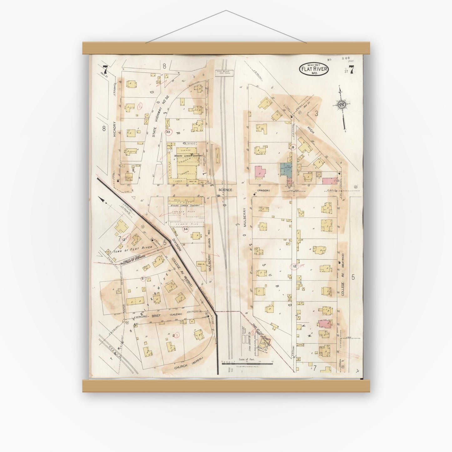 Old map wall art mockup — magnetic wood frame on white wall — Sanborn Fire Insurance Map from Flat River, Saint Francois County, Missouri (1938), Sheet #0007