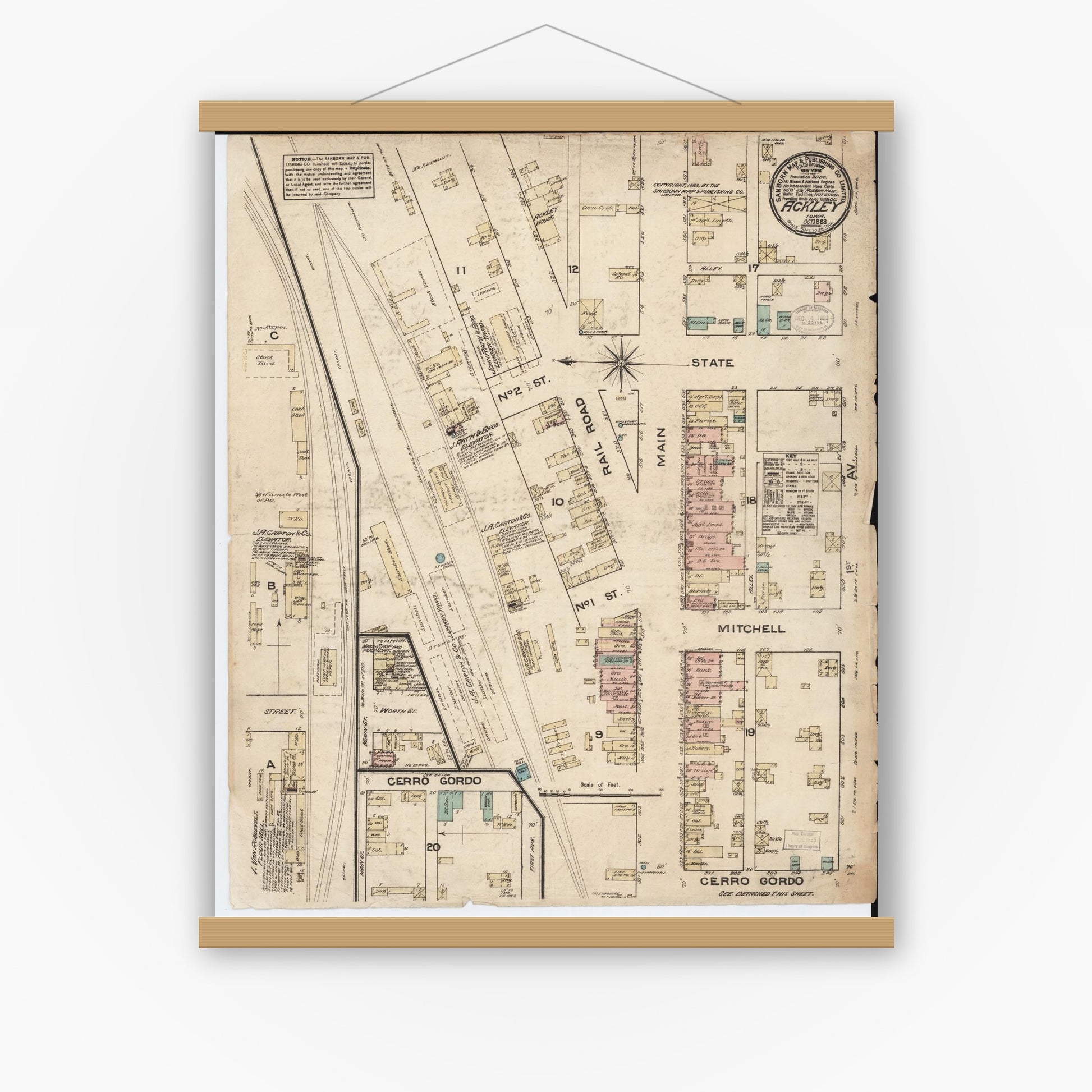 Old map wall art mockup — magnetic wood frame on white wall — Sanborn Fire Insurance Map from Ackley, Hardin and Franklin Counties, Iowa (1883), Sheet #0001
