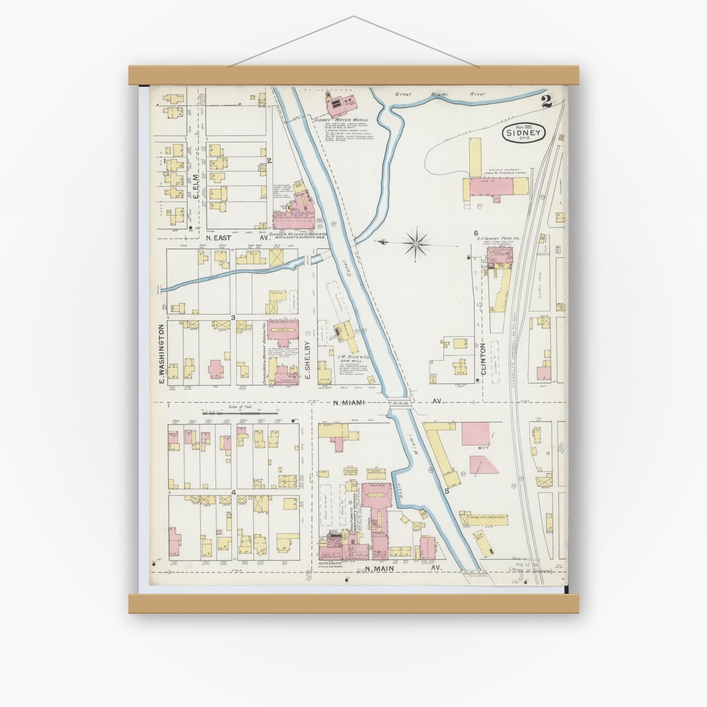 Old map wall art mockup — magnetic wood frame on white wall — Sanborn Fire Insurance Map from Sidney, Shelby County, Ohio (1892), Sheet #0002