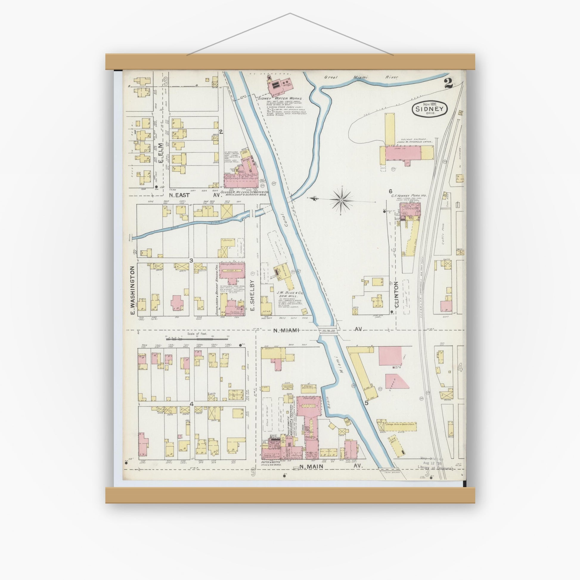Old map wall art mockup — magnetic wood frame on white wall — Sanborn Fire Insurance Map from Sidney, Shelby County, Ohio (1892), Sheet #0002