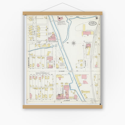 Old map wall art mockup — magnetic wood frame on white wall — Sanborn Fire Insurance Map from Sidney, Shelby County, Ohio (1892), Sheet #0002