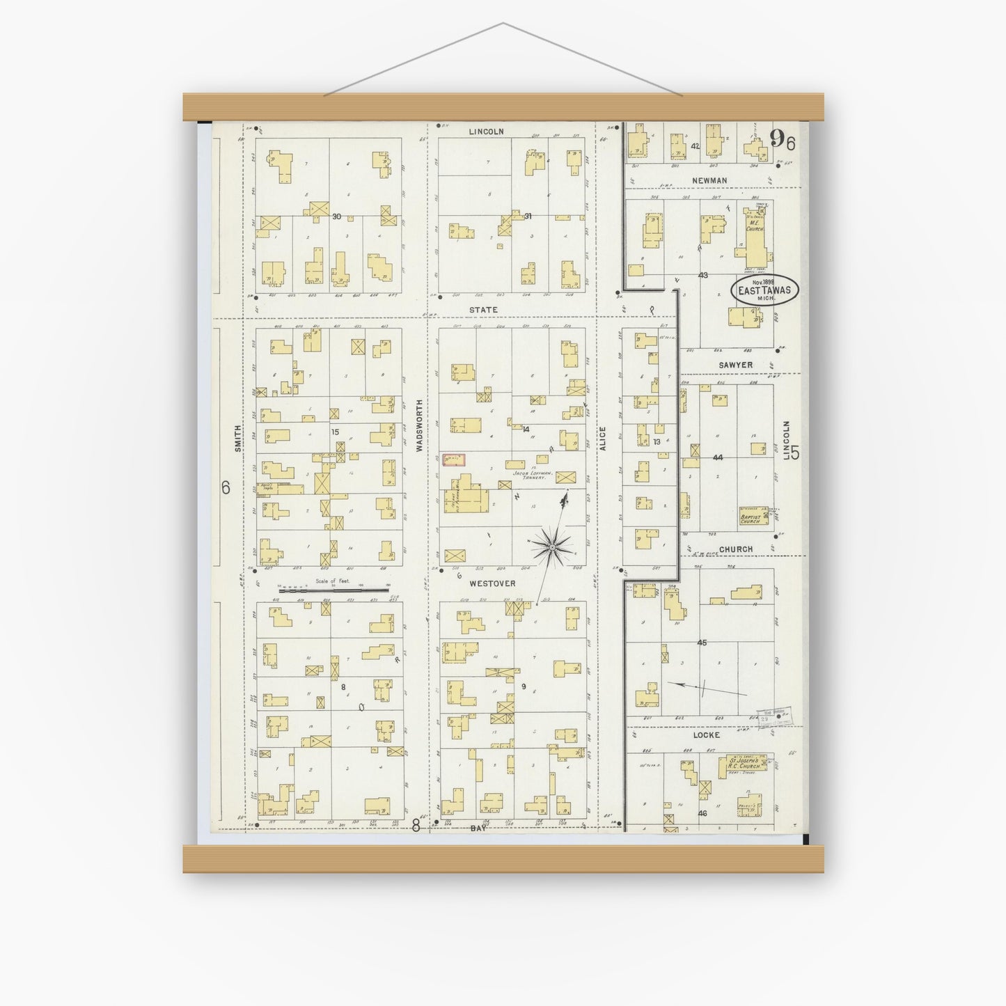 Old map wall art mockup — magnetic wood frame on white wall — Sanborn Fire Insurance Map from Tawas City, Iosco County, Michigan (1898), Sheet #0009