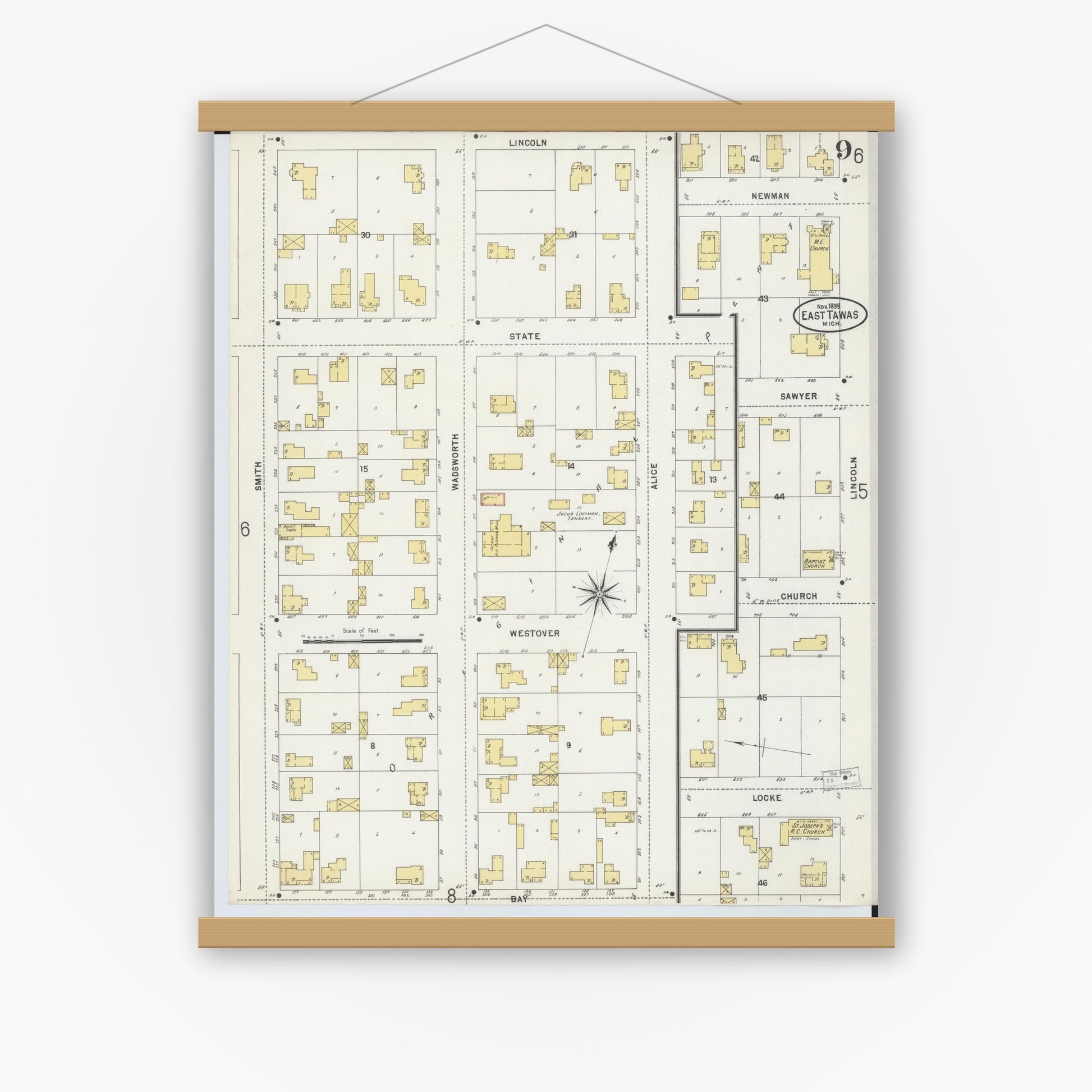 Old map wall art mockup — magnetic wood frame on white wall — Sanborn Fire Insurance Map from Tawas City, Iosco County, Michigan (1898), Sheet #0009