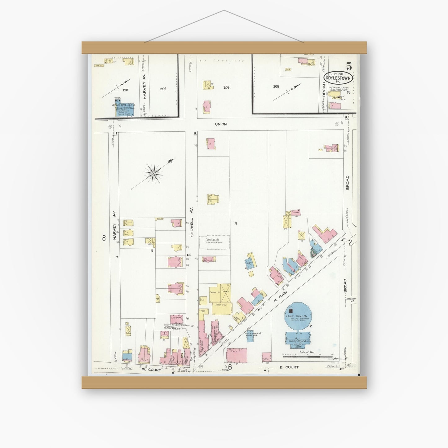Old map wall art mockup — magnetic wood frame on white wall — Sanborn Fire Insurance Map from Doylestown, Bucks County, Pennsylvania (1909), Sheet #0005