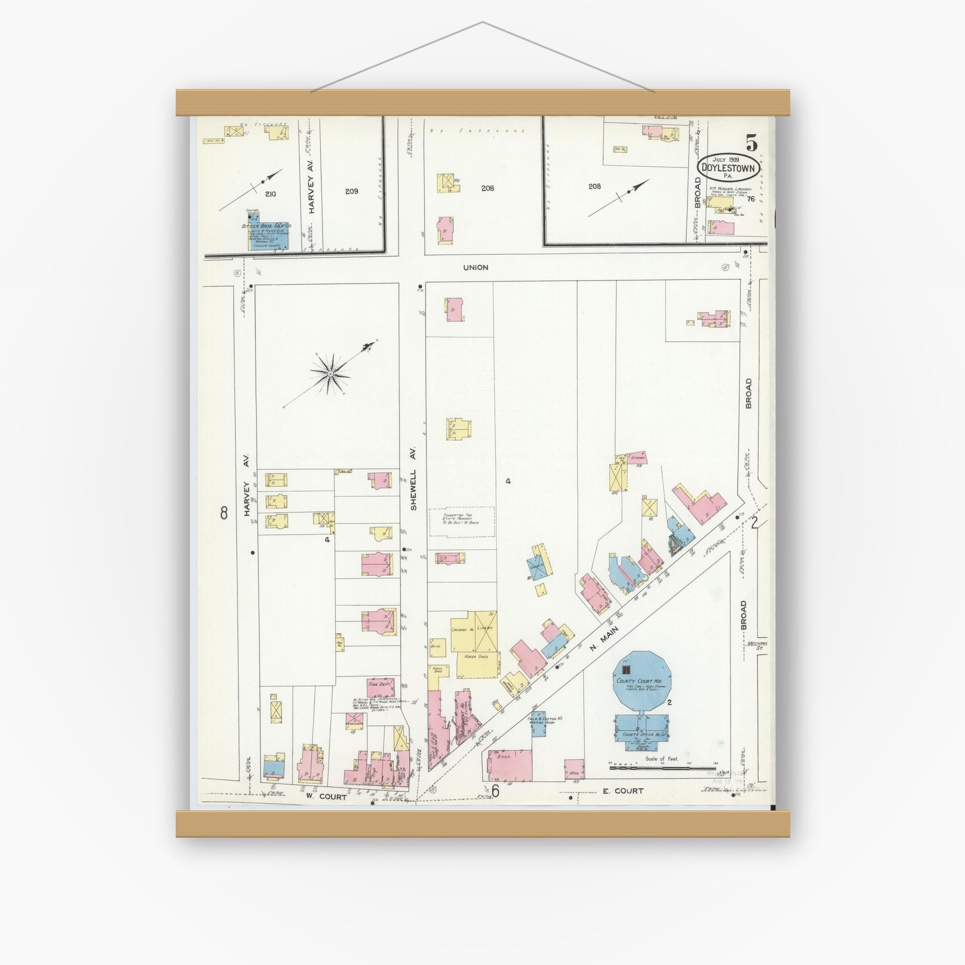 Old map wall art mockup — magnetic wood frame on white wall — Sanborn Fire Insurance Map from Doylestown, Bucks County, Pennsylvania (1909), Sheet #0005