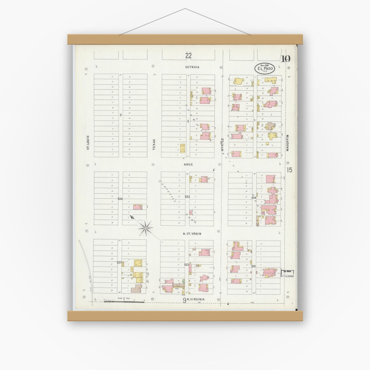 Old map wall art mockup — magnetic wood frame on white wall — Sanborn Fire Insurance Map from El Paso, El Paso County, Texas (1898), Sheet #0010