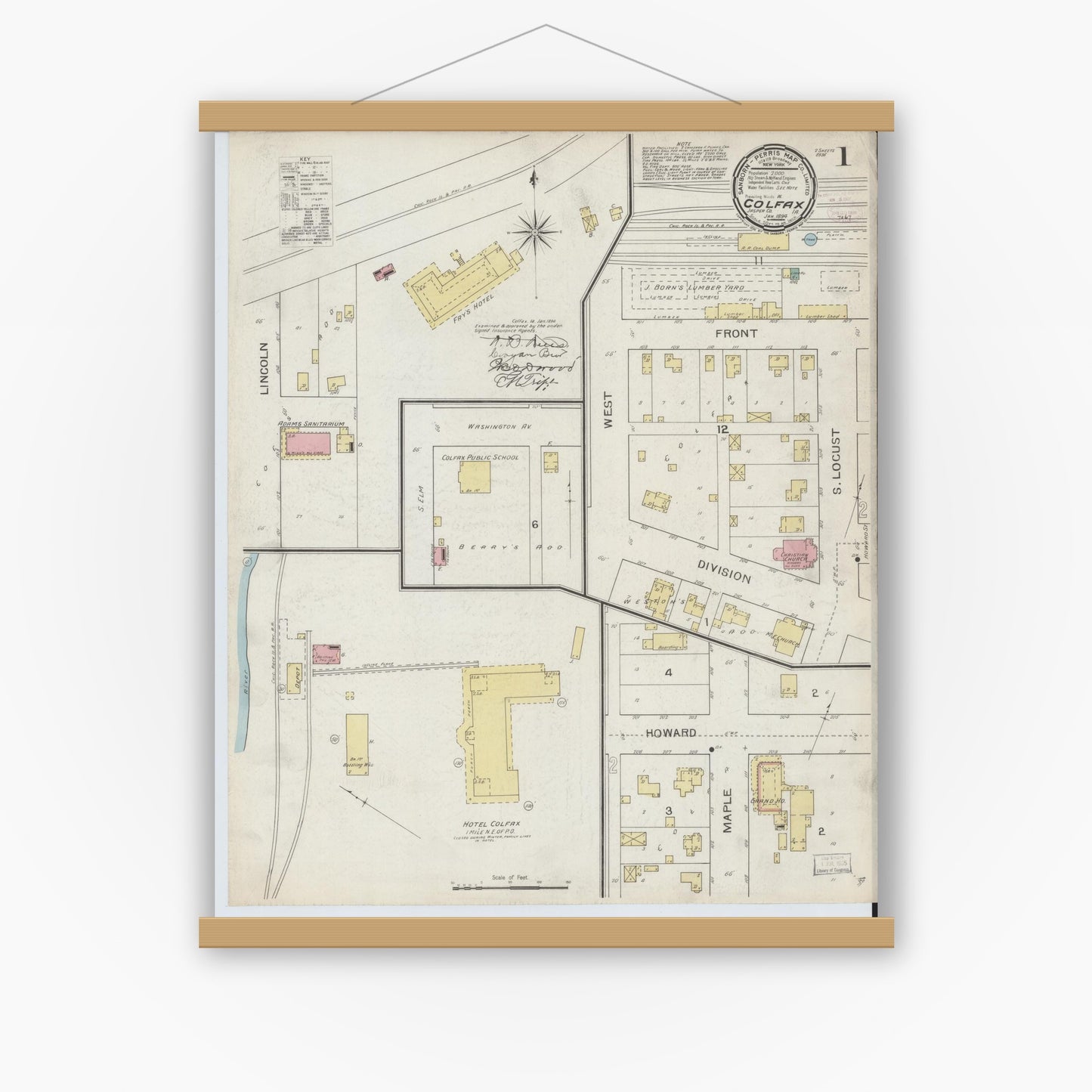 Old map wall art mockup — magnetic wood frame on white wall — Sanborn Fire Insurance Map from Colfax, Jasper County, Iowa (1894), Sheet #0001