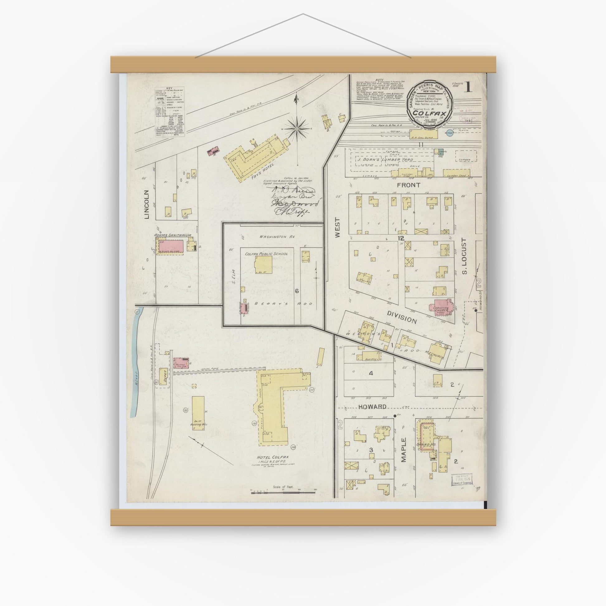 Old map wall art mockup — magnetic wood frame on white wall — Sanborn Fire Insurance Map from Colfax, Jasper County, Iowa (1894), Sheet #0001